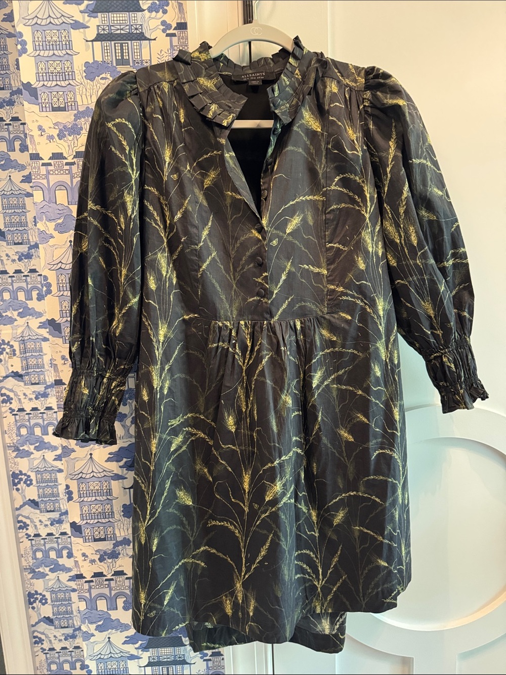 AllSaints Black Dress with Gold Botanical Print and Puff Sleeves